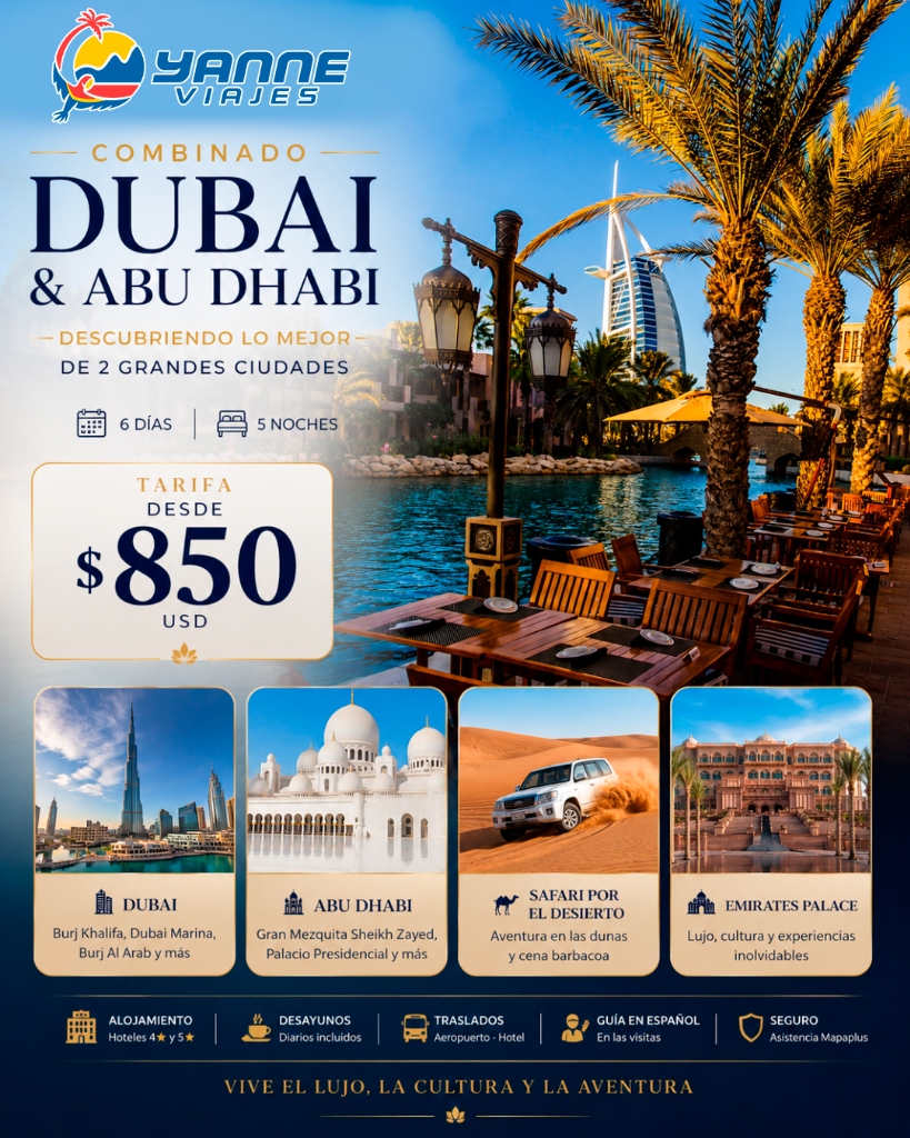 Flyer de la promoción Combinado Dubai & Abu Dhabi — Yanne Viajes