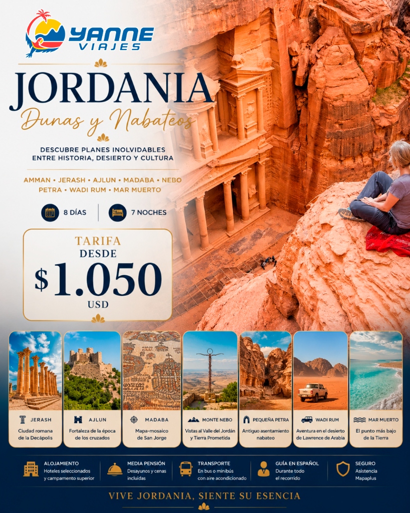 Flyer de la promoción Jordania Dunas y Nabateos — Yanne Viajes